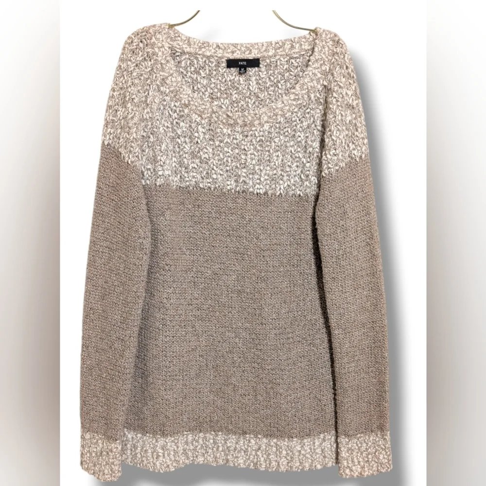 🤍 FATE Two-Tone Ivory Beige Chunky Knit Pullover Sweater - Size M Women's - Picture 4 of 7